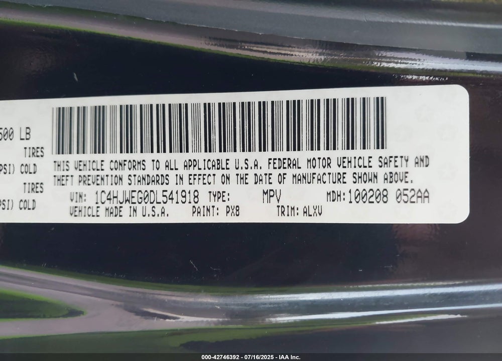 2013 JEEP WRANGLER UNLIMITED VIN: 1C4HJWEG0DL541918