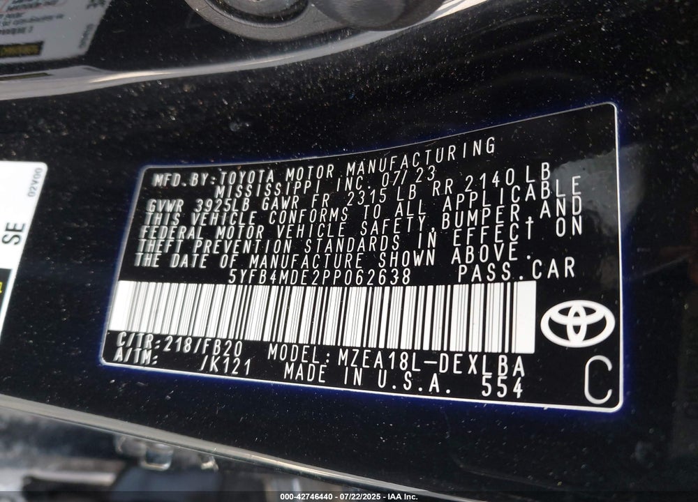 2023 TOYOTA COROLLA VIN: 5YFB4MDE2PP062638
