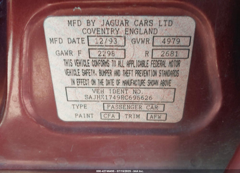 1994 JAGUAR XJ6 VIN: SAJHX1749RC696626