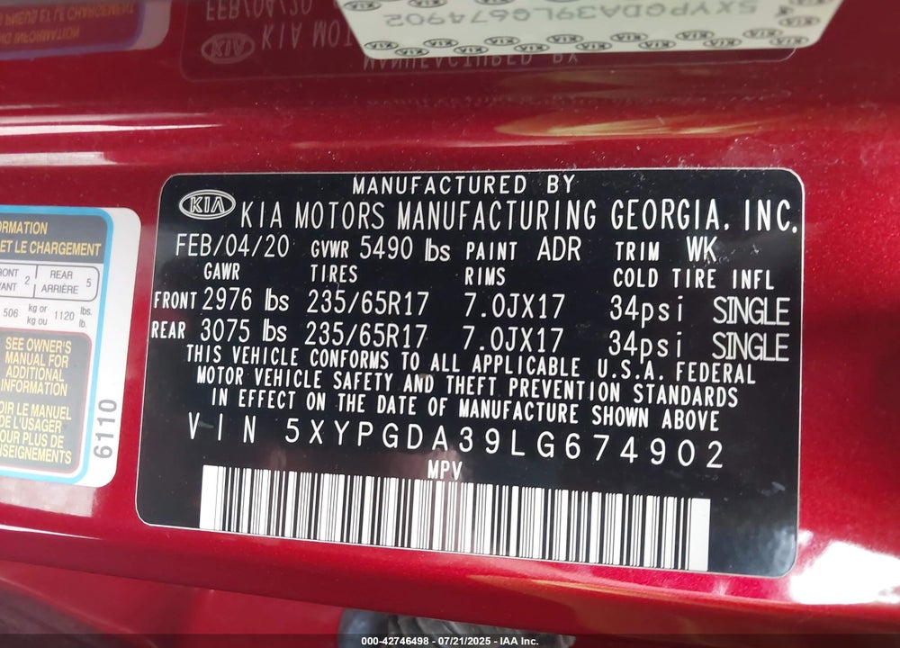 2020 KIA SORENTO VIN: 5XYPGDA39LG674902