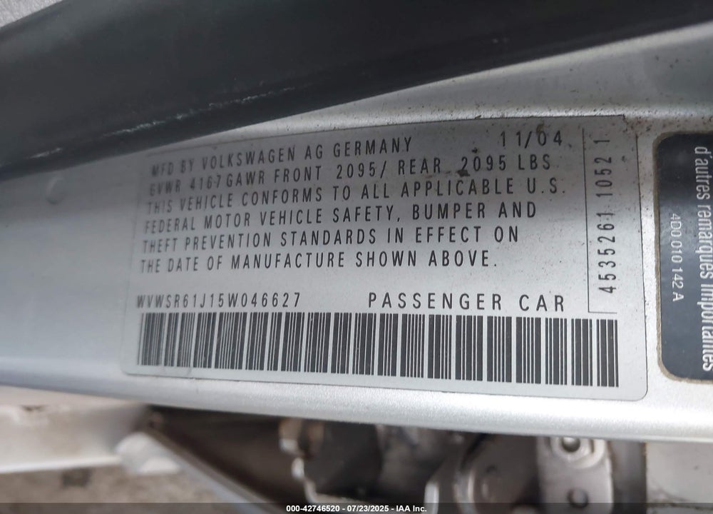 2005 VOLKSWAGEN JETTA GLS TDI VIN: WVWSR61J15W046627