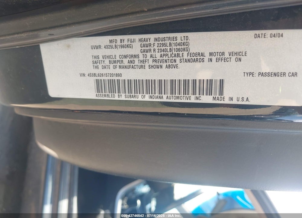 2005 SUBARU LEGACY 2.5I LIMITED VIN: 4S3BL626157201893