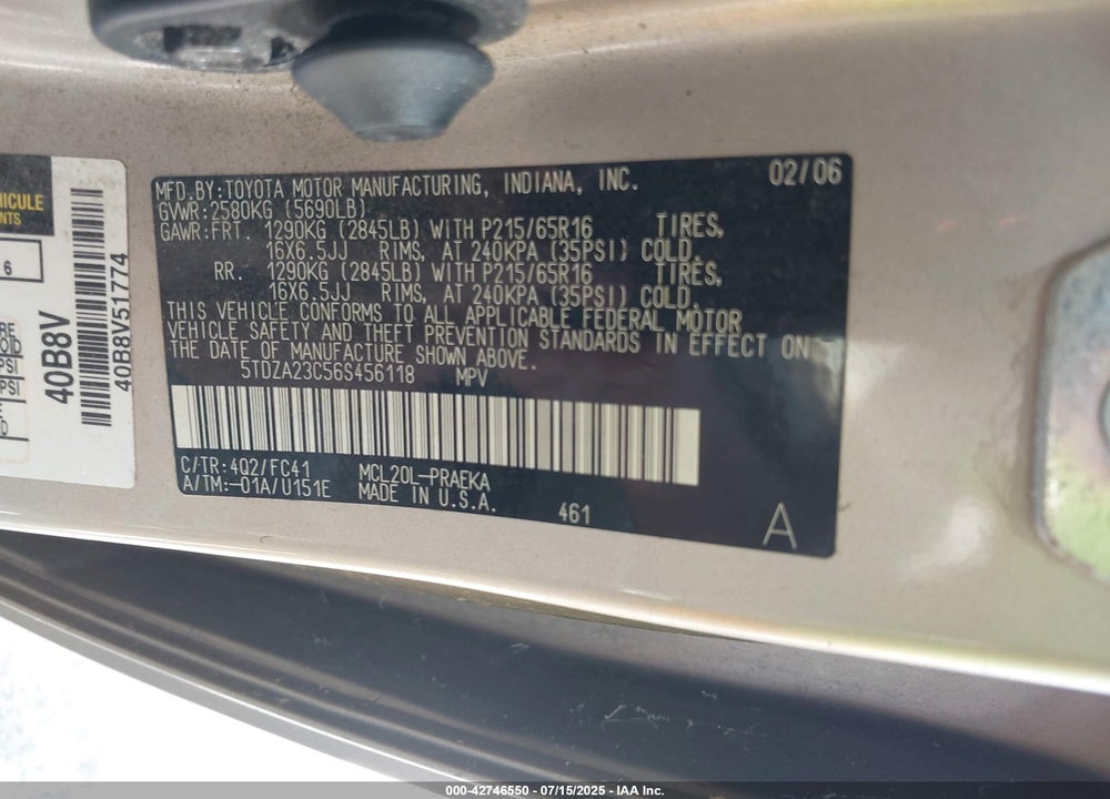 2006 TOYOTA SIENNA LE VIN: 5TDZA23C56S456118