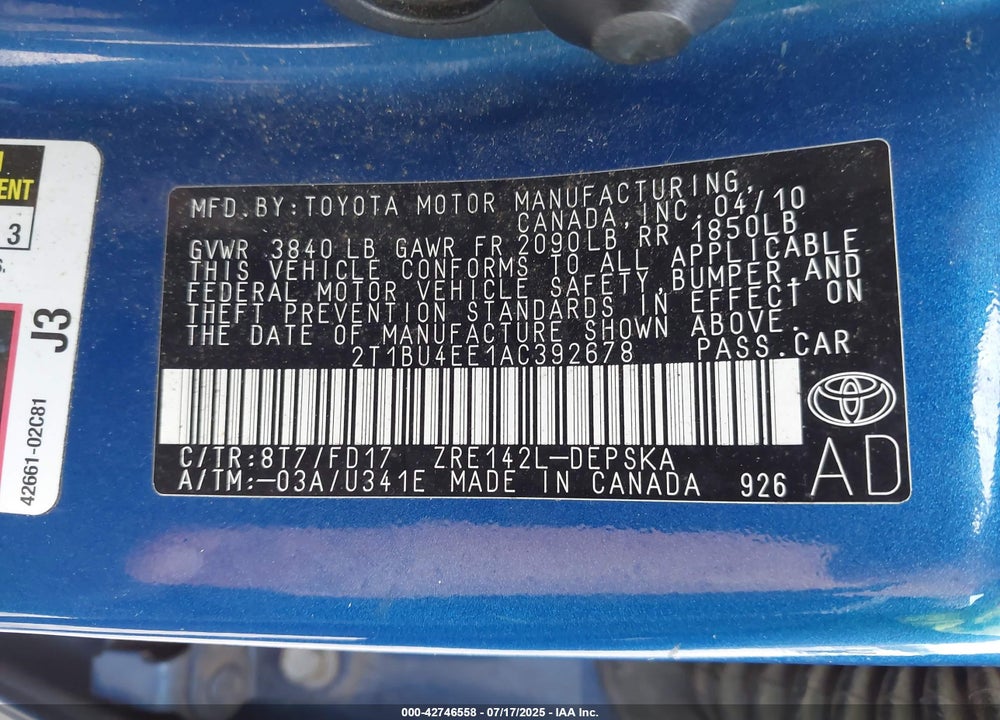 2010 TOYOTA COROLLA VIN: 2T1BU4EE1AC392678