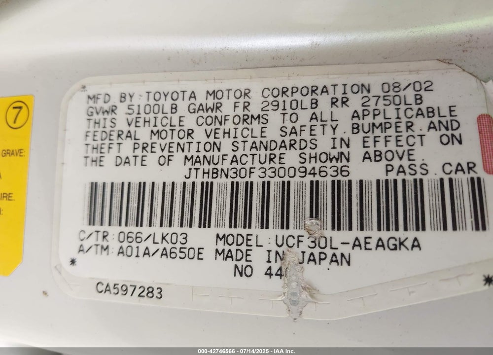 2003 LEXUS LS 430 VIN: JTHBN30F330094636