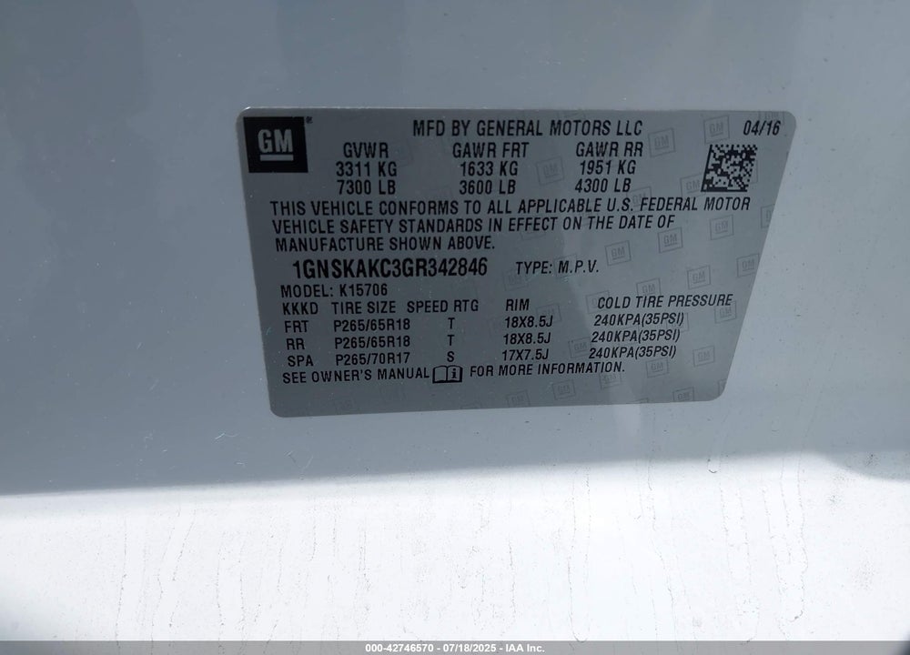 2016 CHEVROLET TAHOE LS VIN: 1GNSKAKC3GR342846