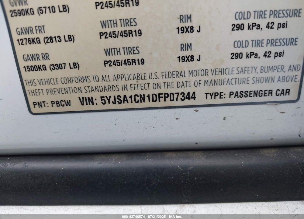 2013 TESLA MODEL S VIN: 5YJSA1CN1DFP07344