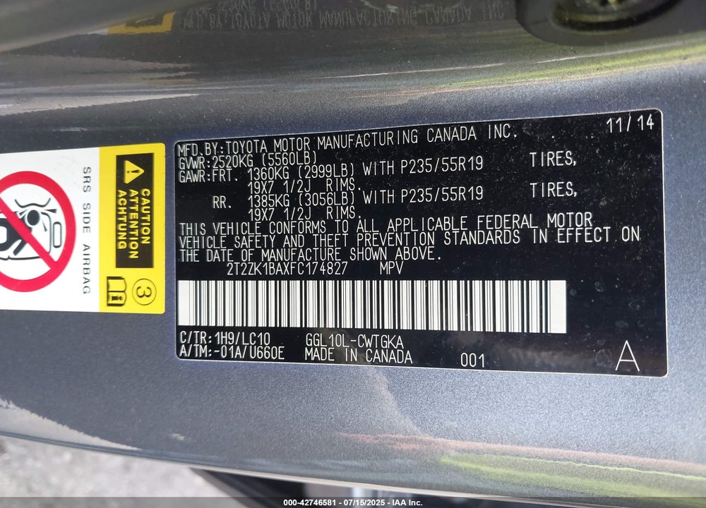 2015 LEXUS RX350 VIN: 2T2ZK1BAXFC174827
