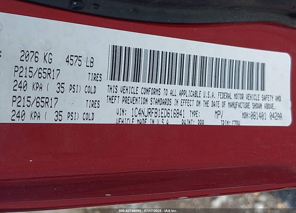 2014 JEEP PATRIOT VIN: 1C4NJRFB1ED616841