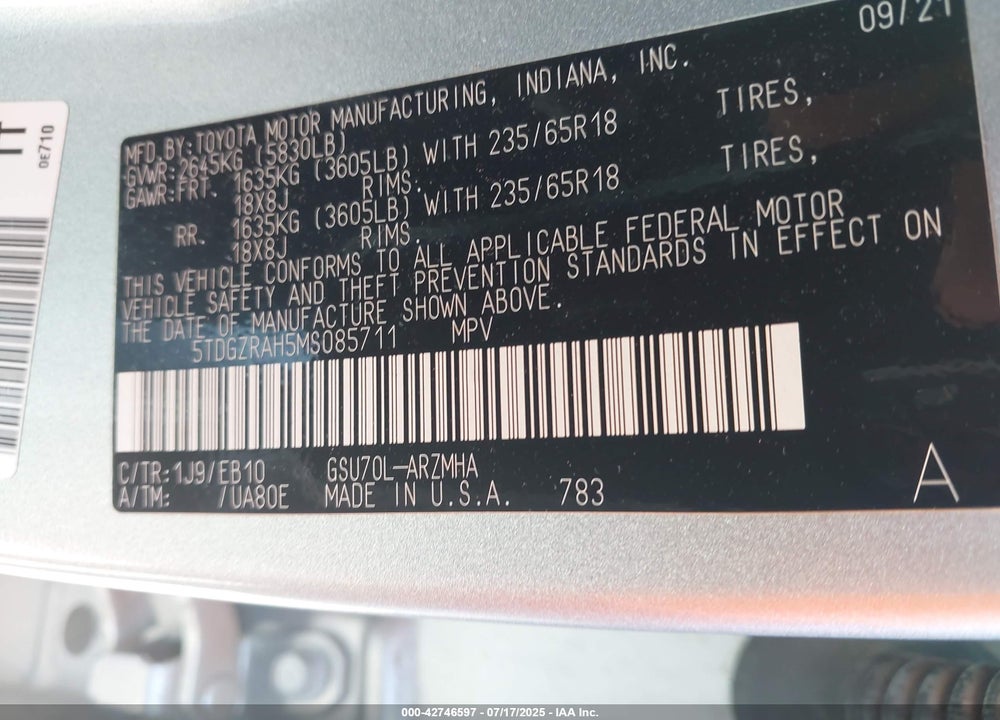 2021 TOYOTA HIGHLANDER VIN: 5TDGZRAH5MS085711