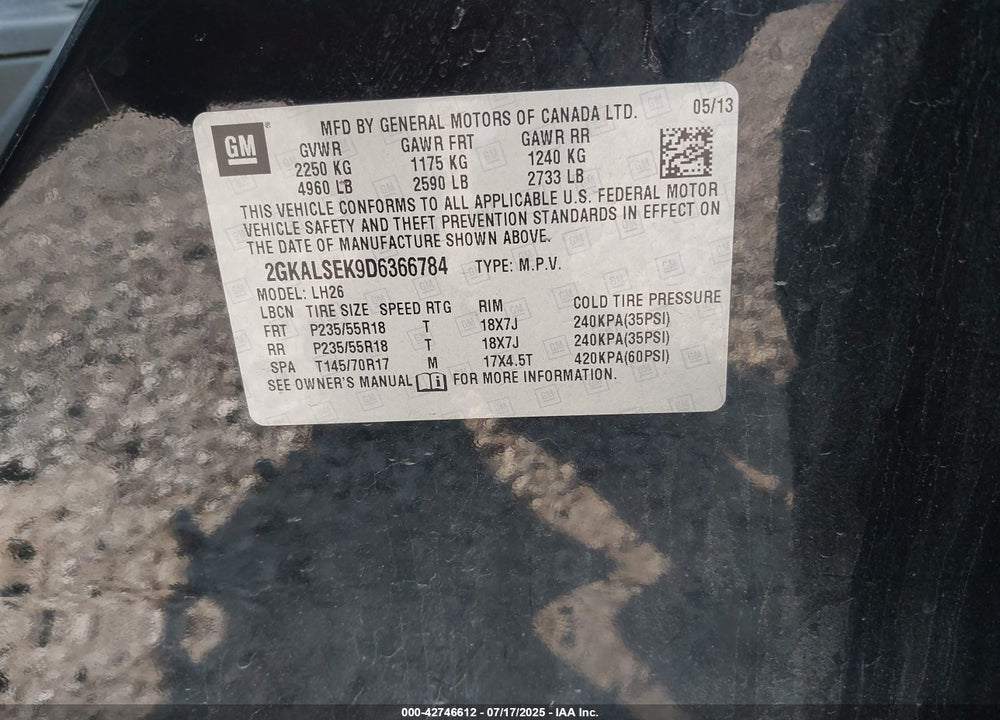 2013 GMC TERRAIN VIN: 2GKALSEK9D6366784