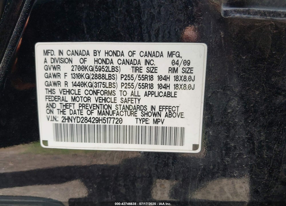 2009 ACURA MDX VIN: 2HNYD28429H517720