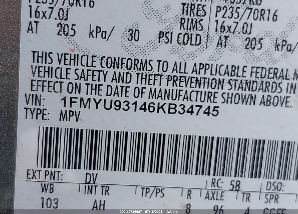 2006 FORD ESCAPE VIN: 1FMYU93146KB34745