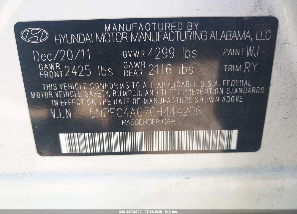 2012 HYUNDAI SONATA VIN: 5NPEC4AC7CH444206