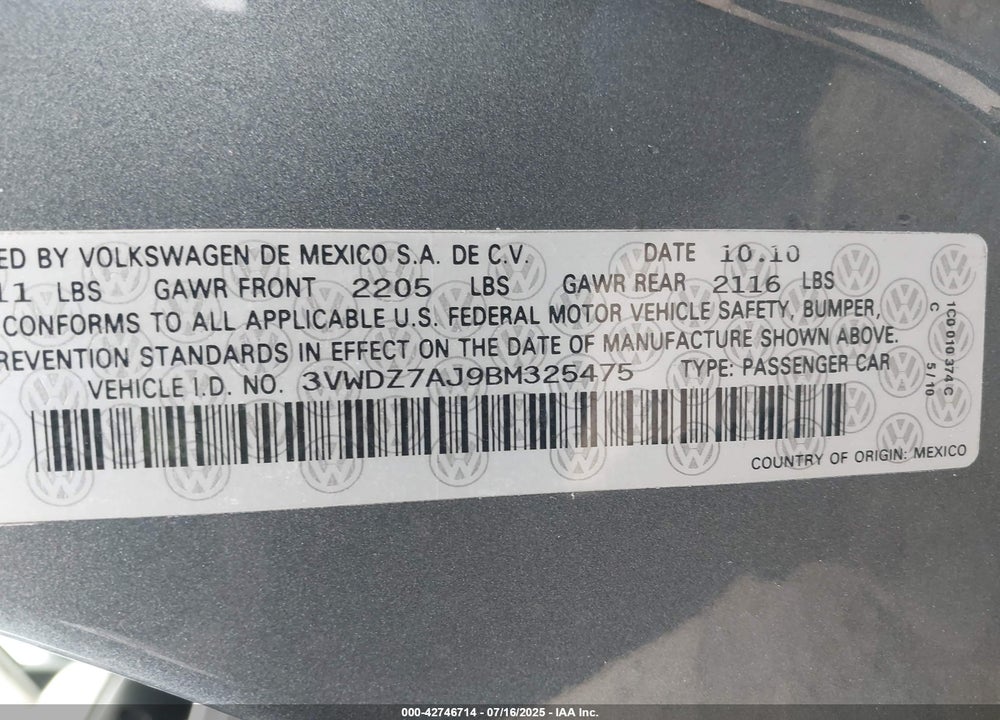2011 VOLKSWAGEN JETTA VIN: 3VWDZ7AJ9BM325475