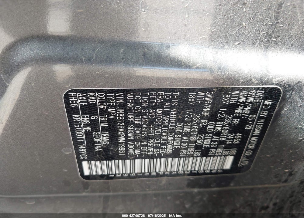2023 NISSAN ROGUE SV FWD VIN: JN8BT3BAXPW419931
