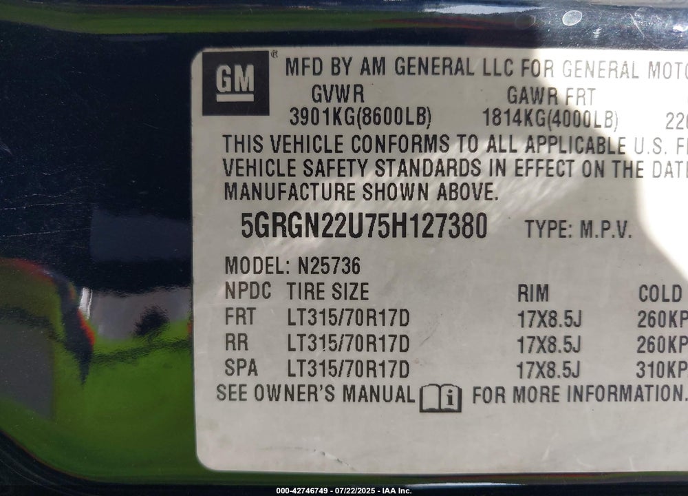 2005 HUMMER H2 SUT VIN: 5GRGN22U75H127380