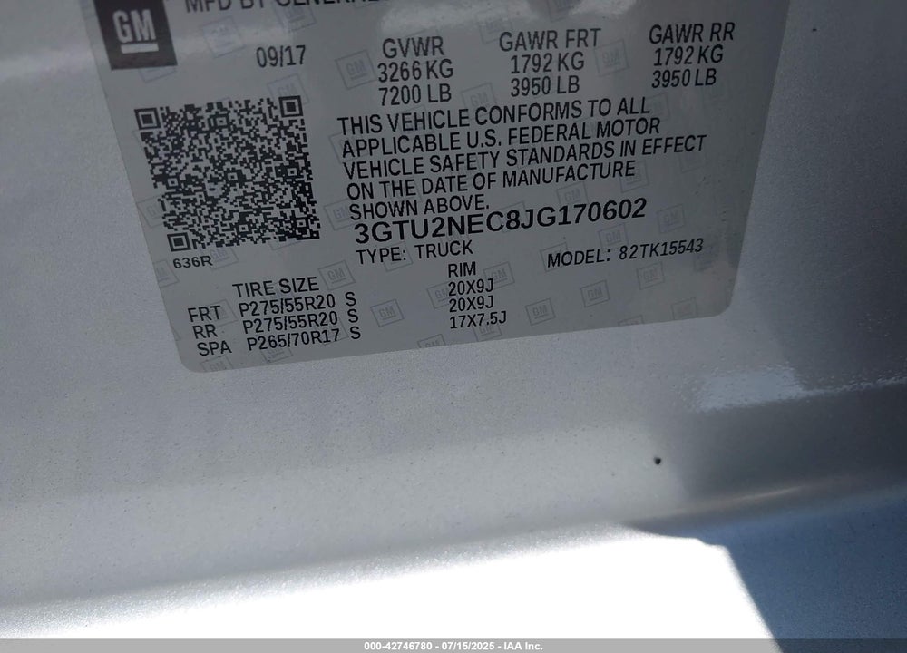 2018 GMC SIERRA 1500 SLT VIN: 3GTU2NEC8JG170602