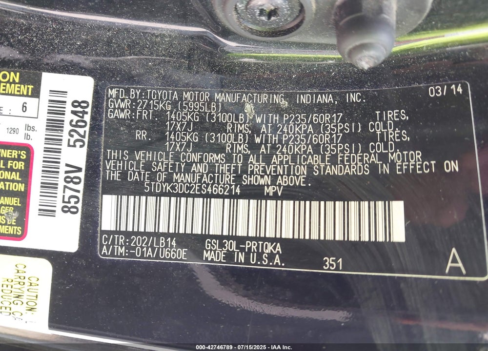 2014 TOYOTA SIENNA VIN: 5TDYK3DC2ES466214