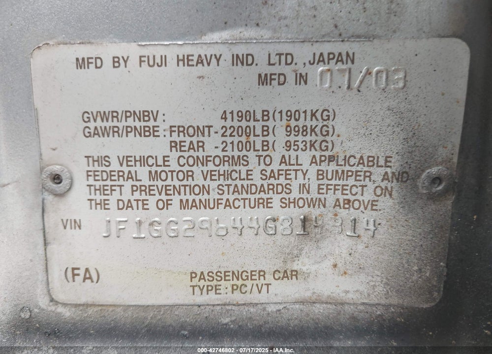 2004 SUBARU IMPREZA WRX VIN: JF1GG29644G814314