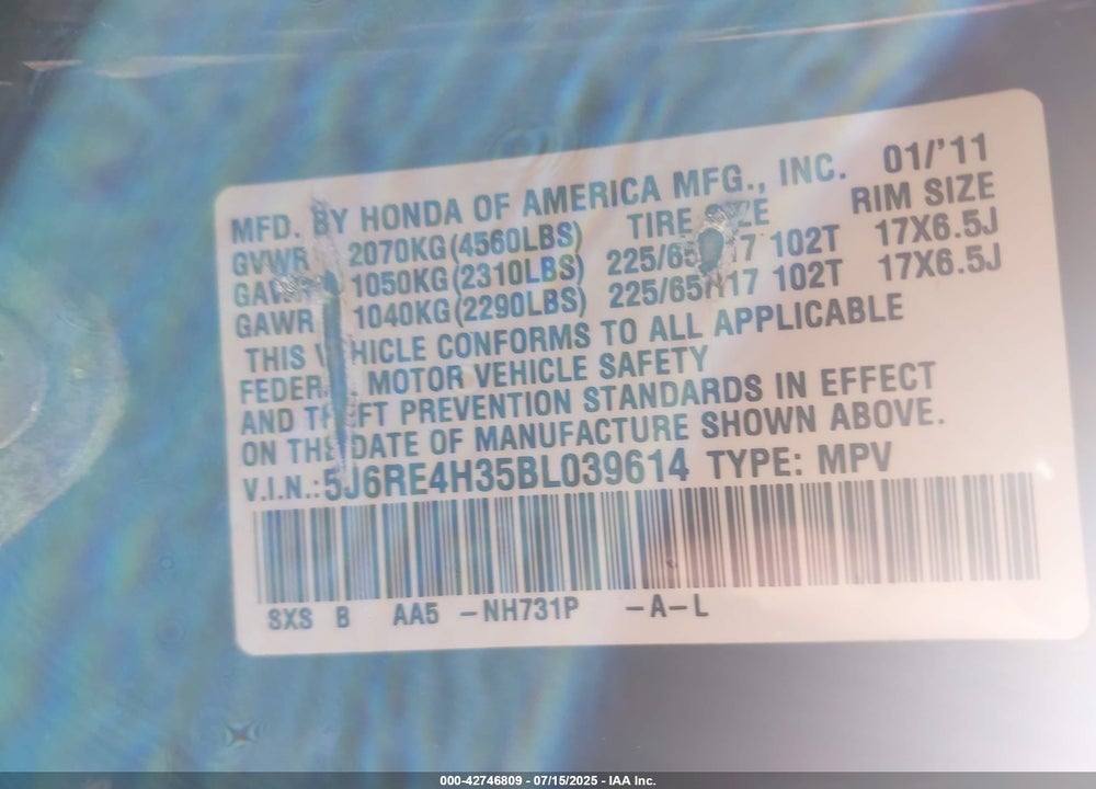 2011 HONDA CR-V VIN: 5J6RE4H35BL039614