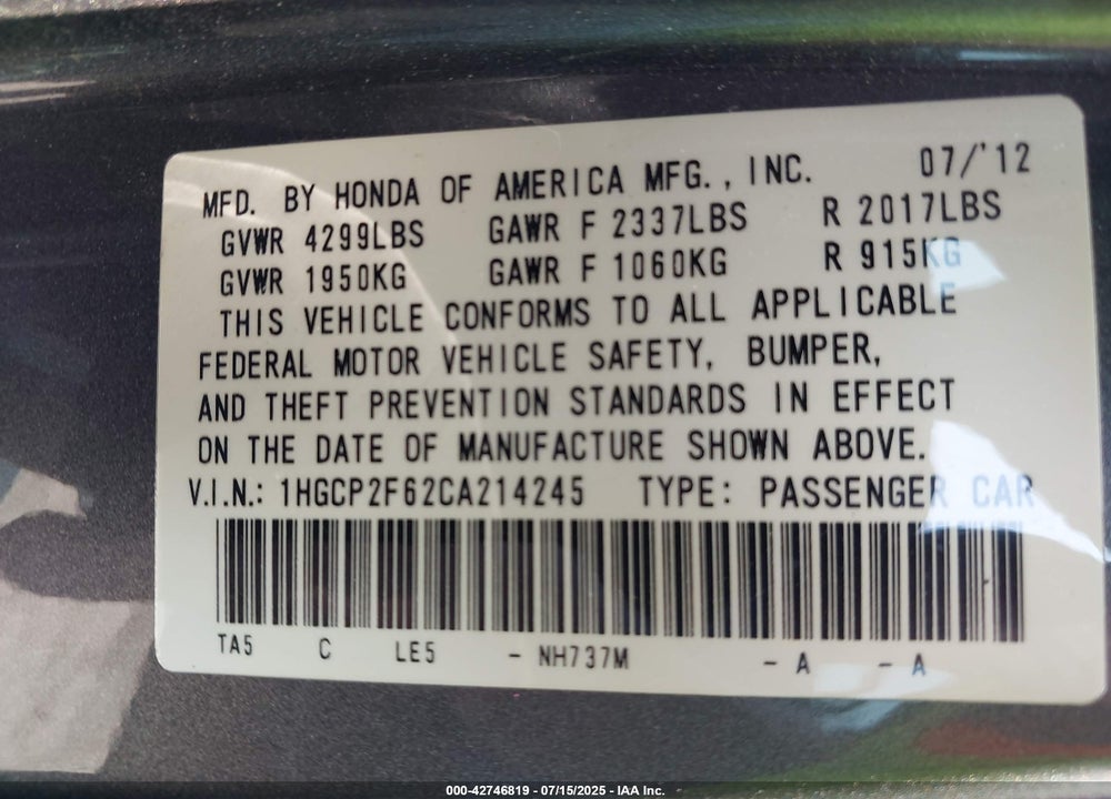 2012 HONDA ACCORD 2.4 SE VIN: 1HGCP2F62CA214245