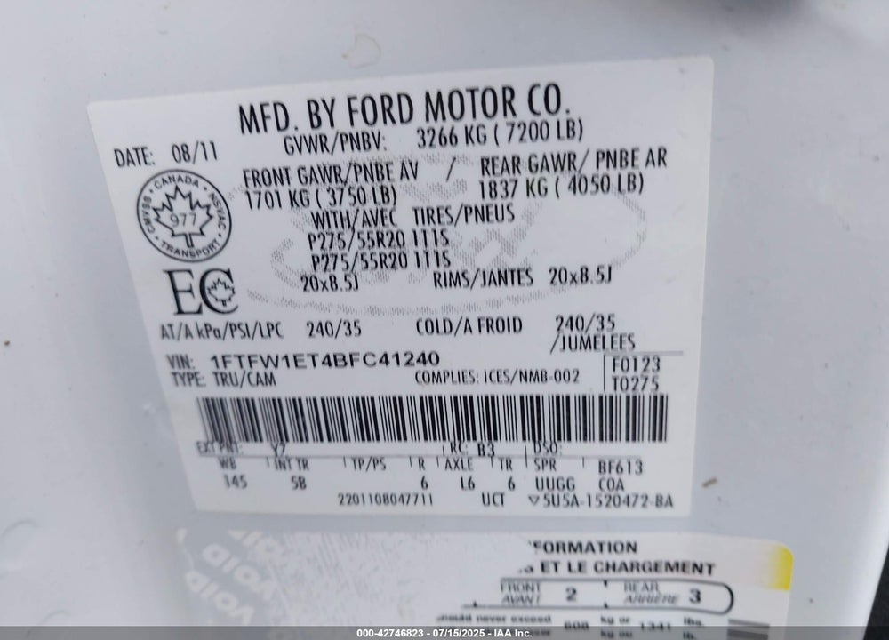 2011 FORD F-150 VIN: 1FTFW1ET4BFC41240