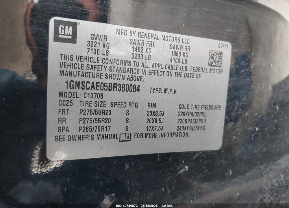2011 CHEVROLET TAHOE VIN: 1GNSCAE05BR380084