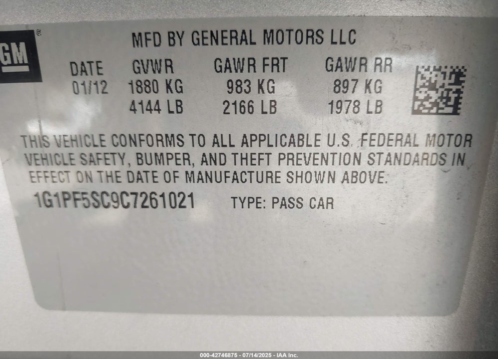 2012 CHEVROLET CRUZE VIN: 1G1PF5SC9C7261021