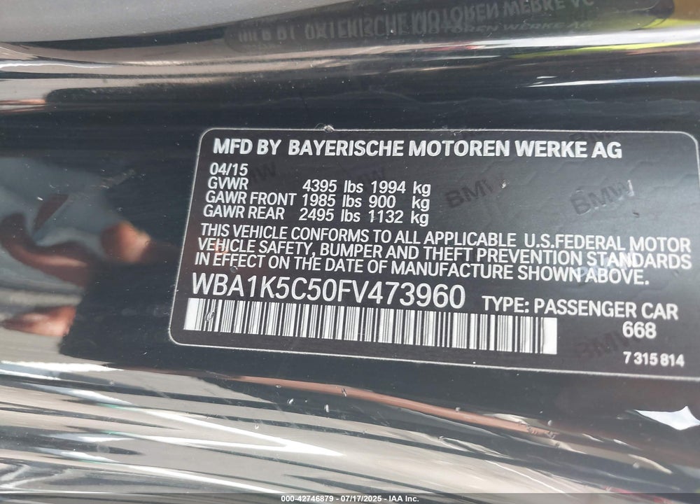 2015 BMW 2 SERIES VIN: WBA1K5C50FV473960