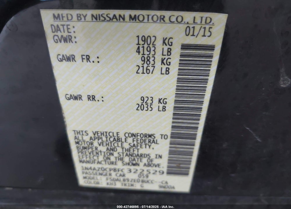 2015 NISSAN LEAF S VIN: 1N4AZ0CP8FC322529