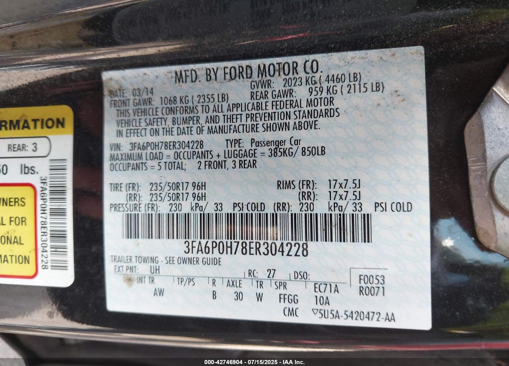 2014 FORD FUSION VIN: 3FA6P0H78ER304228