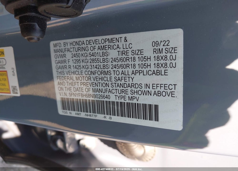 2022 HONDA PASSPORT AWD TRAILSPORT VIN: 5FNYF8H68NB026640