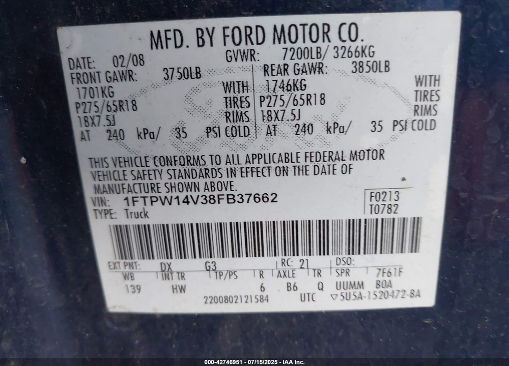 2008 FORD F-150 VIN: 1FTPW14V38FB37662