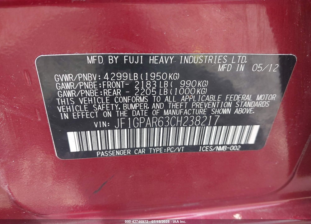 2012 SUBARU IMPREZA VIN: JF1GPAR63CH238217