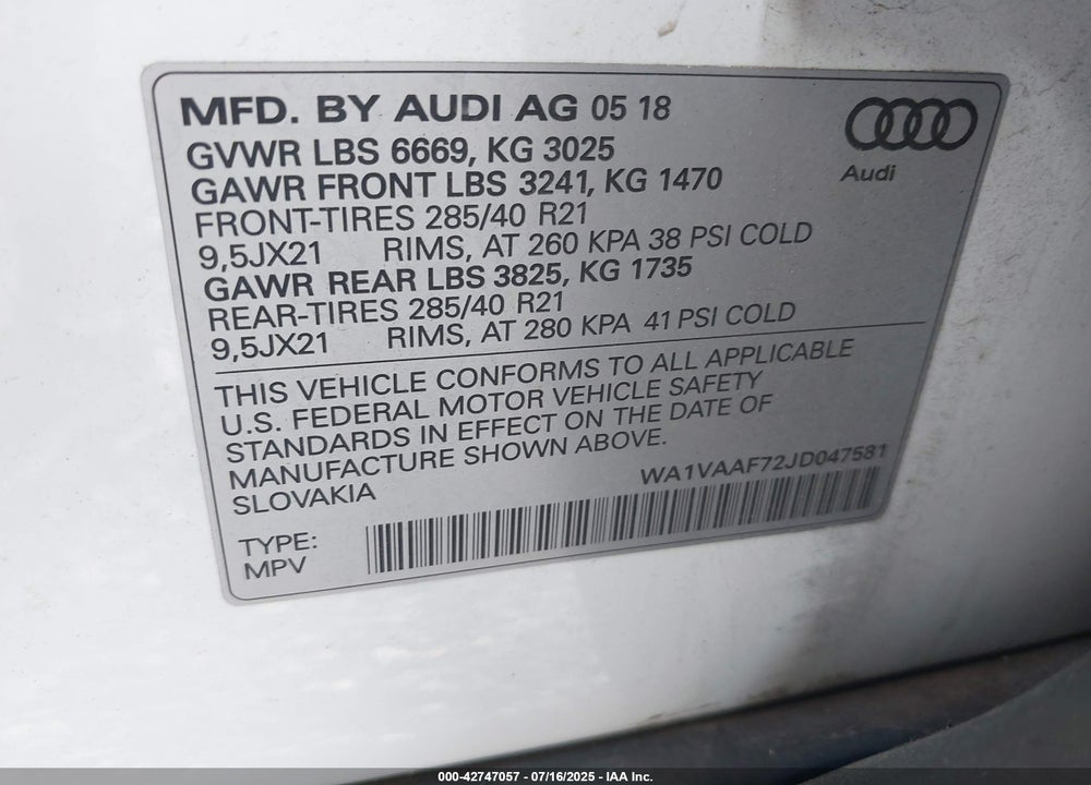 2018 AUDI Q7 VIN: WA1VAAF72JD047581