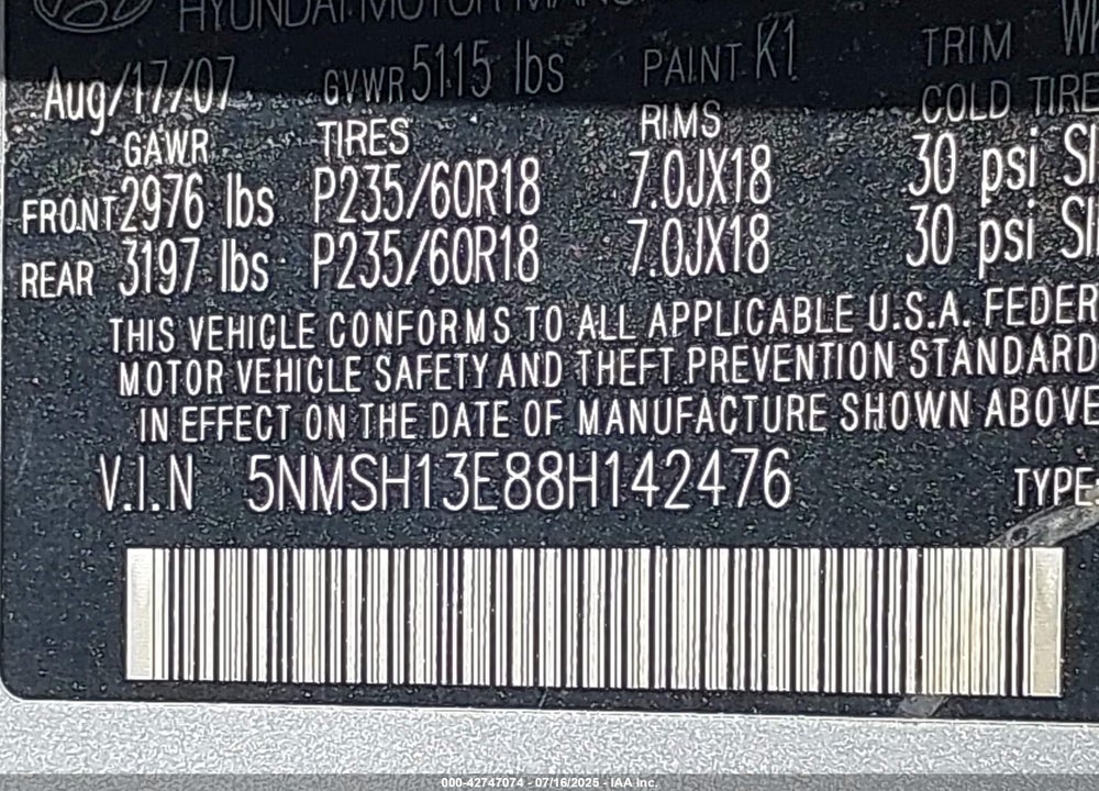 2008 HYUNDAI SANTA FE VIN: 5NMSH13E88H142476