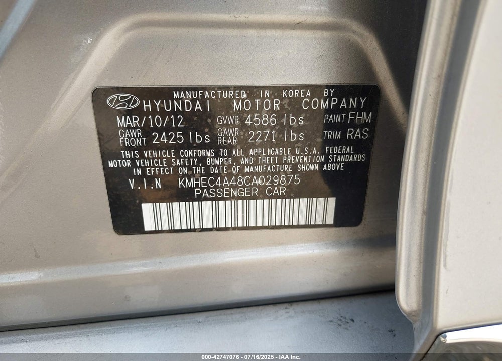 2012 HYUNDAI SONATA HYBRID VIN: KMHEC4A48CA029875