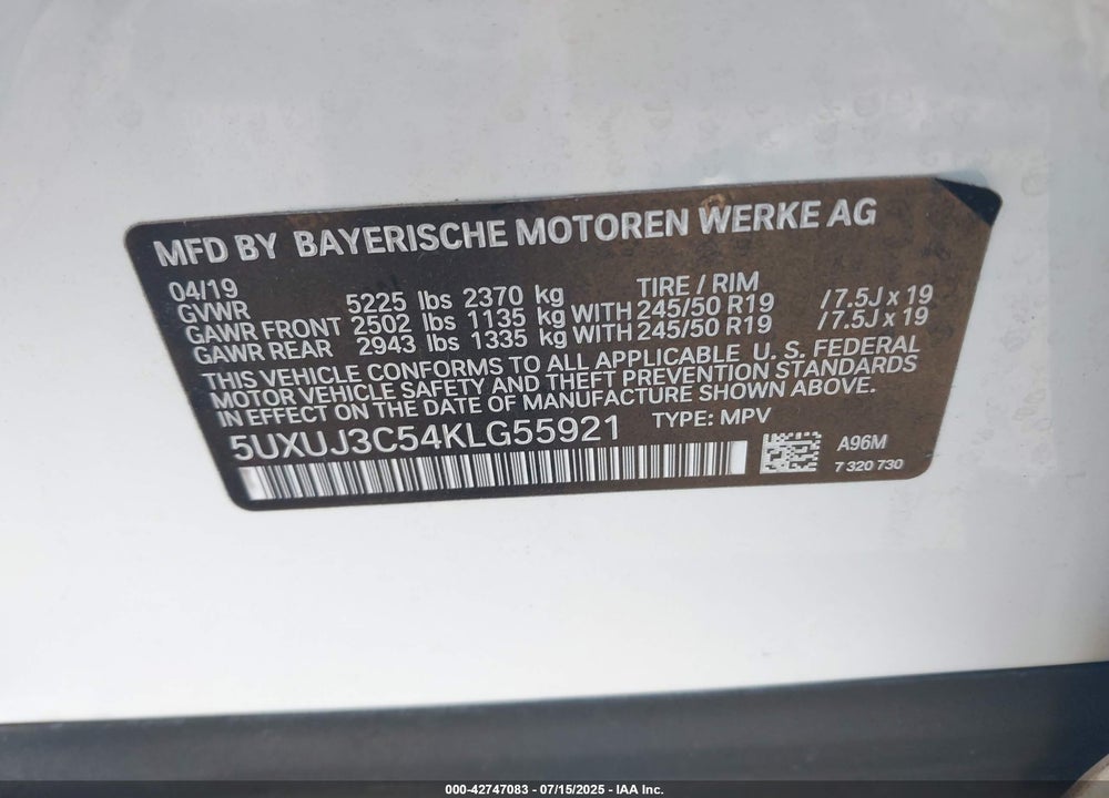 2019 BMW X4 VIN: 5UXUJ3C54KLG55921
