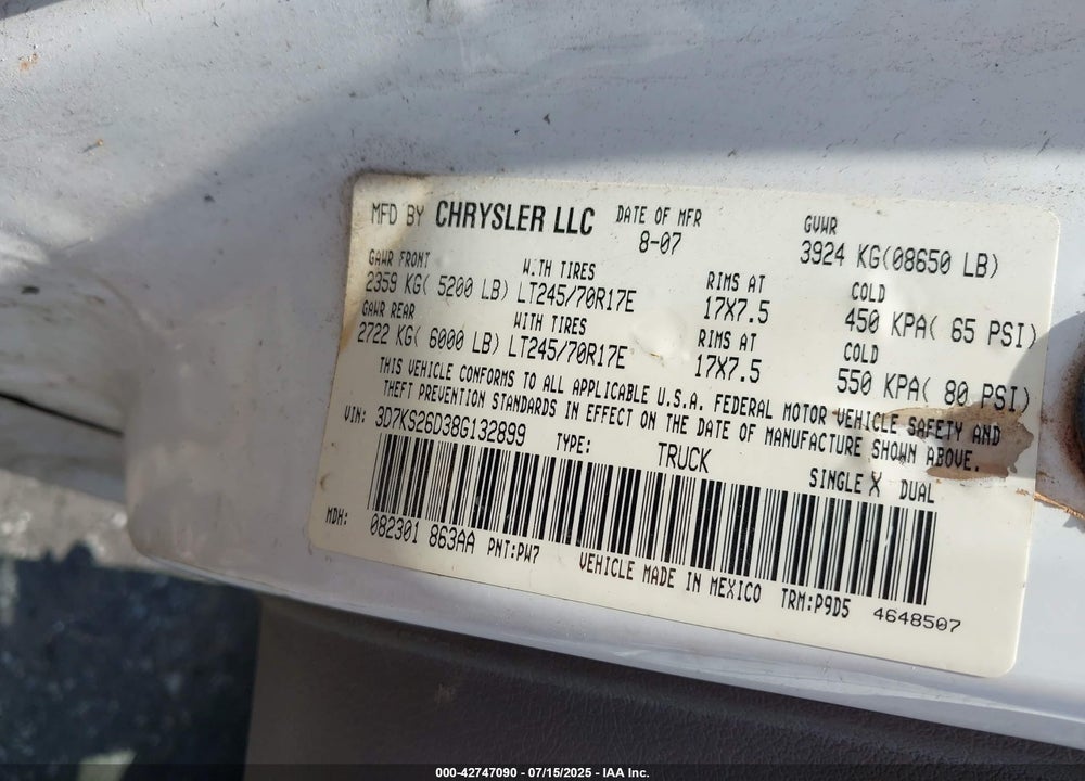 2008 DODGE RAM 2500 VIN: 3D7KS26D38G132899