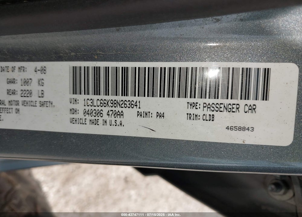 2008 CHRYSLER SEBRING VIN: 1C3LC66K98N263641