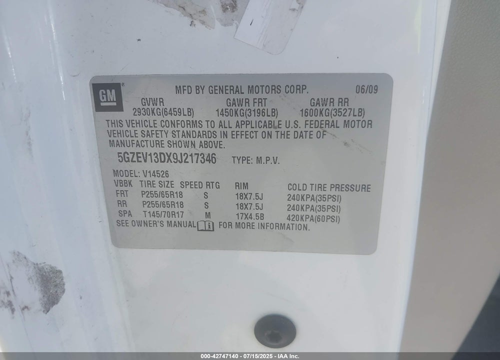 2009 SATURN OUTLOOK VIN: 5GZEV13DX9J217346