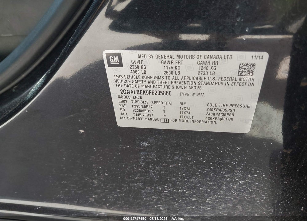 2015 CHEVROLET EQUINOX VIN: 2GNALBEK9F6205860