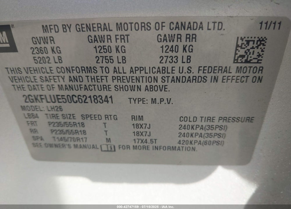 2012 GMC TERRAIN VIN: 2GKFLUE50C6218341