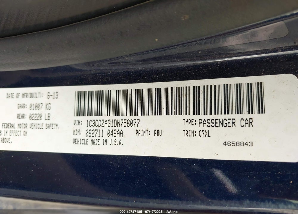 2013 DODGE AVENGER VIN: 1C3CDZAG1DN756077