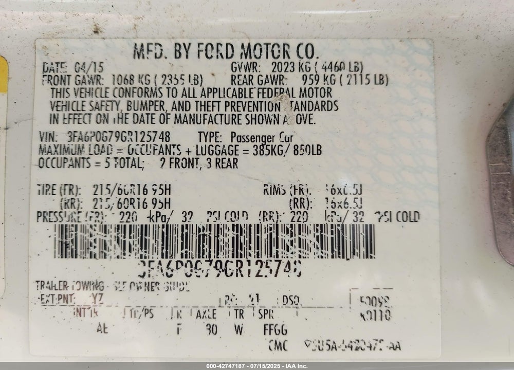 2016 FORD FUSION VIN: 3FA6P0G79GR125748