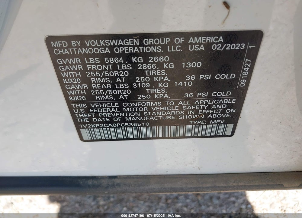 2023 VOLKSWAGEN ATLAS 2.0T SE W/TECHNOLOGY VIN: 1V2KP2CA0PC536510