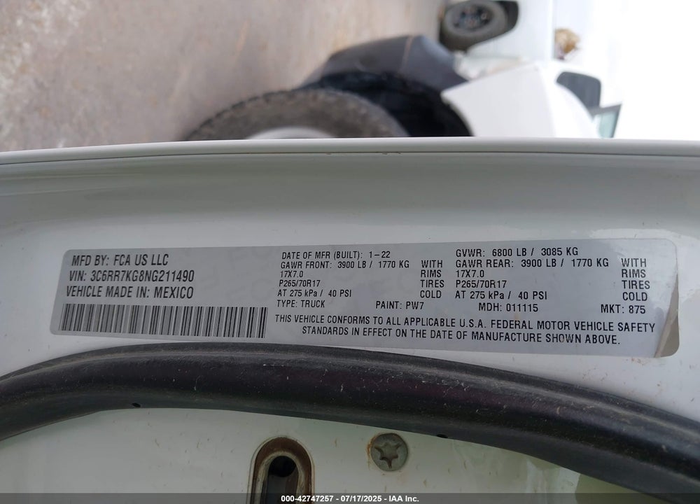 2022 RAM 1500 CLASSIC VIN: 3C6RR7KG8NG211490