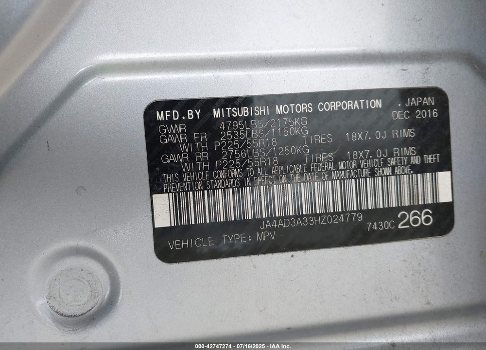 2017 MITSUBISHI OUTLANDER VIN: JA4AD3A33HZ024779