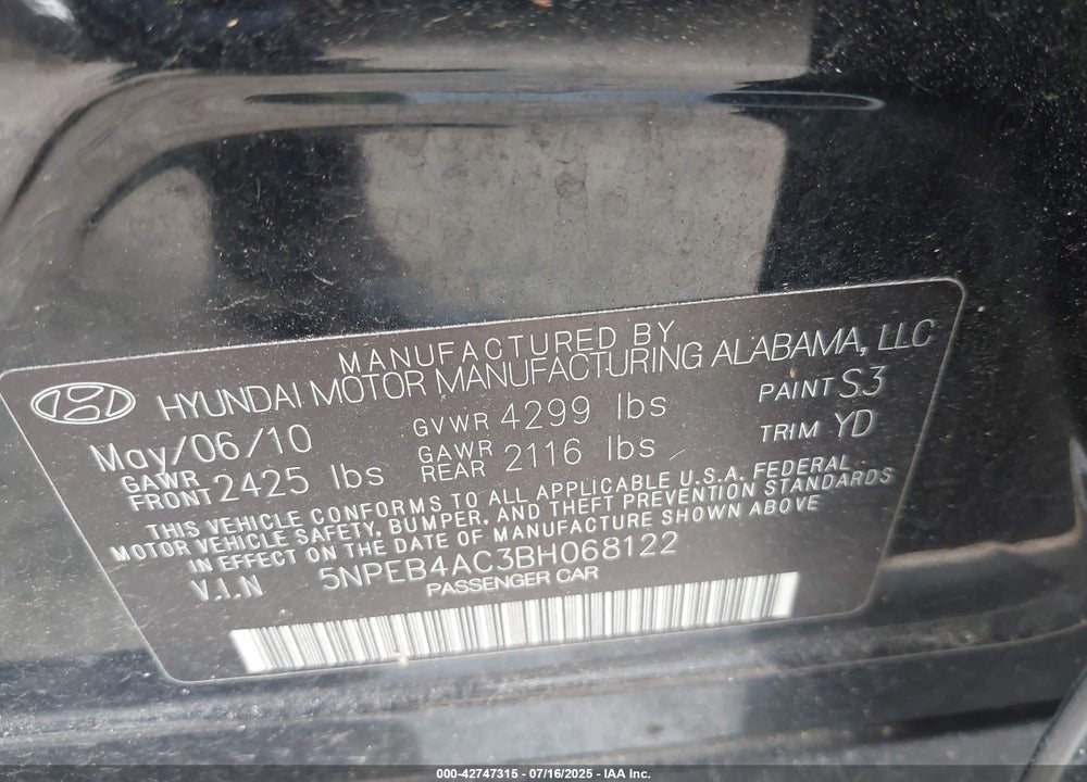 2011 HYUNDAI SONATA VIN: 5NPEB4AC3BH068122